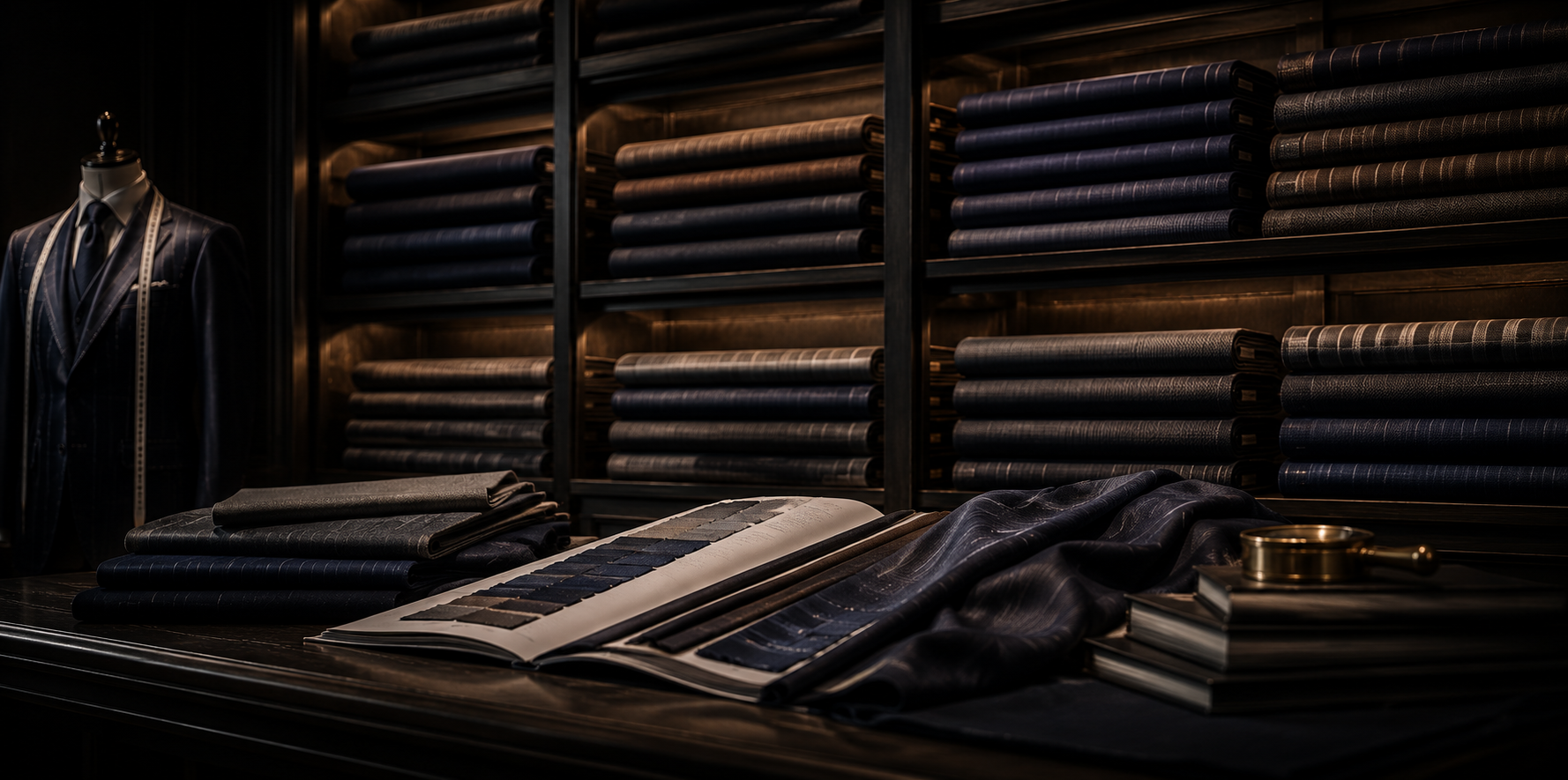 Fabric bolts on display at the Manchester Tailor BKK atelier