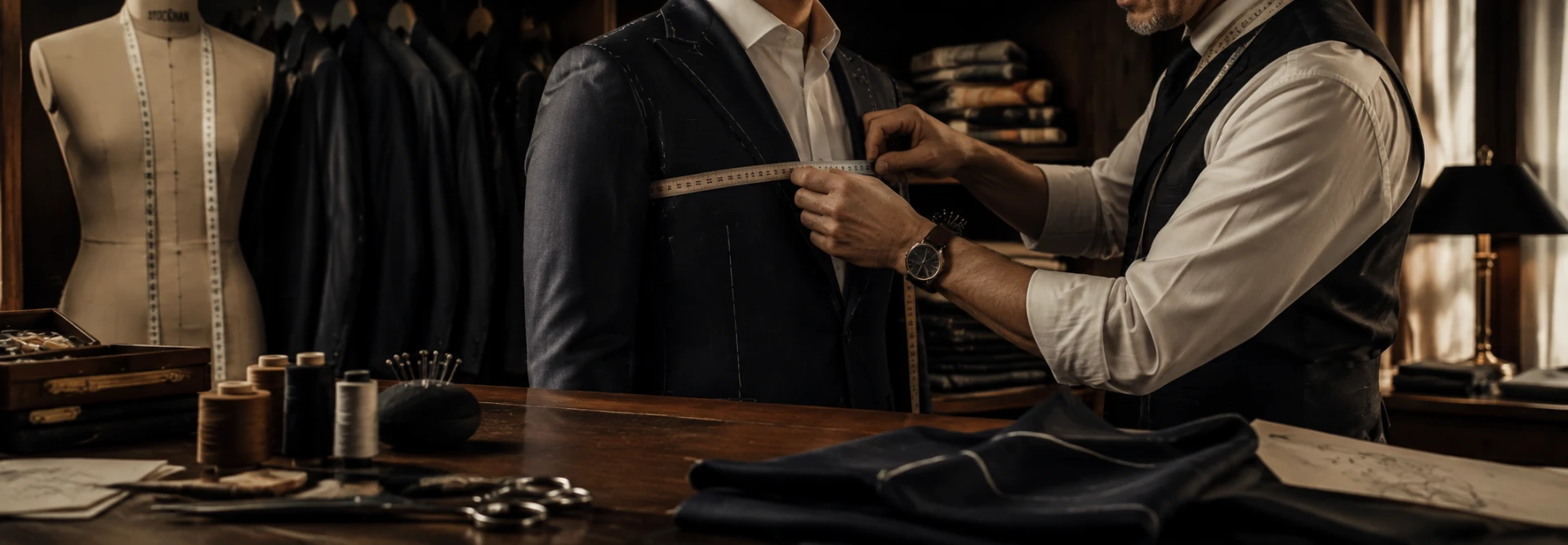 Tailor taking chest measurements in the atelier