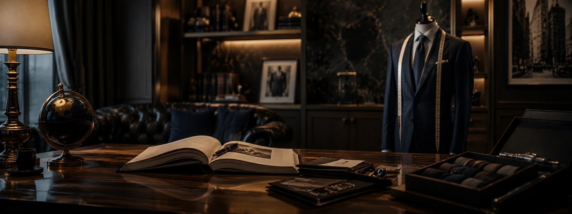 Manchester Tailor BKK atelier desk with bespoke suit and measuring tape