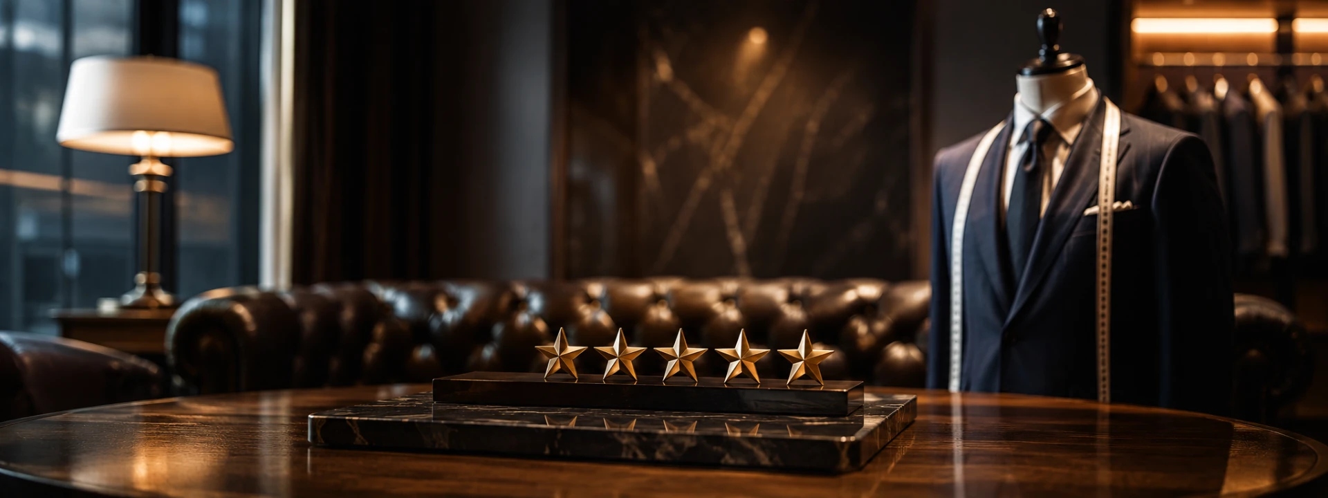 Five golden stars on a marble base inside the Manchester Tailor BKK atelier