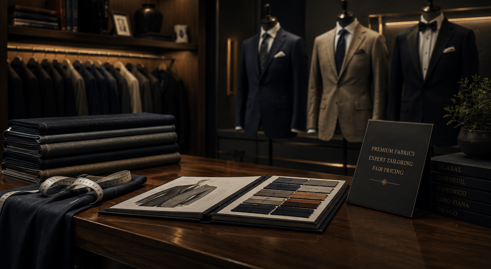 Fabric swatch books and bespoke suits in the Manchester Tailor BKK atelier